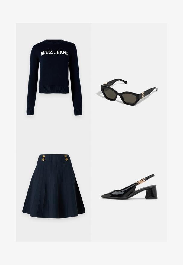 Guess Jeans INTARSIA - Πουλόβερ - daring ocean; Ναυτικού χρώματος πλισέ φούστα με υφή, ψηλή μέση και δύο χρυσά κουμπιά μπροστά, δημιουργώντας καθαρές γραμμές και δομημένο σχήμα.; Μαύρες πατεντέ δερμάτινες γόβες slingback με μυτερή μύτη και χρυσές λεπτομέρειες στη φάσα, διαθέτοντας τετράγωνο τακούνι. Λείο υλικό.; Tommy Hilfiger Γυαλιά ηλίου - black