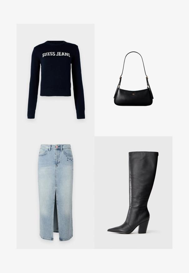 Guess Jeans INTARSIA - Strickpullover - daring ocean; Fabienne Chapot CARLYNE SKIRT - Jeansrock - light blue tinted; Schwarze kniehohe Lederstiefel mit spitzem Zehen und klobigem hohen Absatz, von der linken Seitenansicht auf weißem Hintergrund gezeigt.; Schwarze kleine Lederschultertasche mit dünnem Riemen und kleinem goldenem CK-Logo auf der Vorderseite in der Mitte.