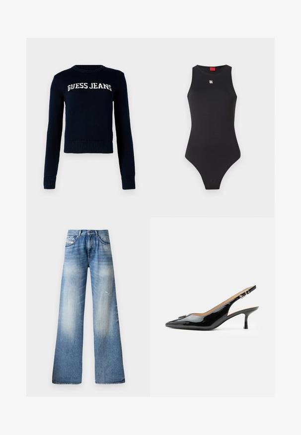 Guess Jeans INTARSIA - Neule - daring ocean; Musta body, jossa on hihaton muotoilu, valmistettu sileästä materiaalista. Sisältää pienen valkoisen logon rinnassa ja korkean lahkeensuuleikkauksen.; Vaaleansiniset leveälahkeiset farkut denim-materiaalista, joissa on haalistunut pesu, lievää kulutusta, klassinen viisi-taskumalli ja nappisuljenta.; Musta kiiltonahkainen slingback-korkokenkä, jossa kärkiosa on terävä, pieni kitten-korko ja hopeinen solkiremmi valkoisella yksivärisellä taustalla.