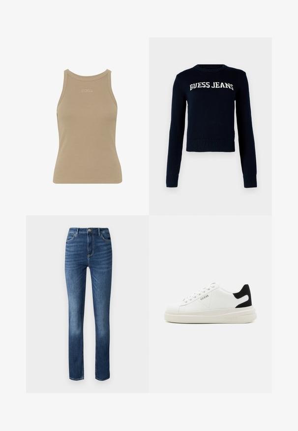 Guess Jeans INTARSIA - Striktrøje - daring ocean; Beige ribbet t-shirt med rund halsudskæring, ærmeløs design og et lille præget logo midt foran. Blød stoftekstur.; Mørkeblå denim jeans med lige ben, fem-lomme stil og diskret slidmærker foran for ekstra tekstur.; Hvide lædersneakers med en tyk hvid sål, sort ruskindhælvægt og prægede logoer på siden. Snørebåndsdesign med seks øjer.