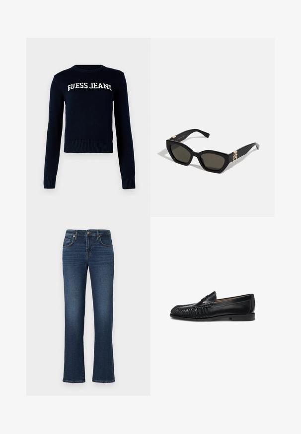 Guess Jeans INTARSIA - Striktrøje - daring ocean; Mørkeblå denim jeans med lige ben, der har frontlommer, lynlås og bløde falmede områder langs lårerne.; Sort læderloafer med detaljer foran, lav hæl og syninger, vist i profil mod hvid baggrund.; Tommy Hilfiger Solbriller - black