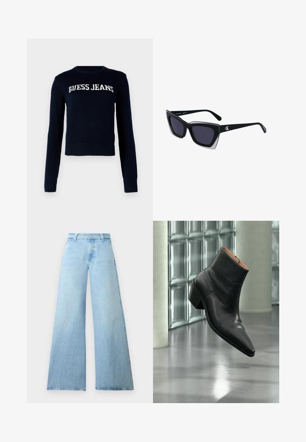 Guess Jeans INTARSIA - Svetrík - daring ocean; Svetlo modré džínsy s širokými nohavicami vyrobené z denimu, s vysokým pásom, s gombíkovým zapínaním a piatimi vreckami. Hladká textúra s ležérnym strihom.; Čierna kožená členková obuv s ostrou špičkou a blokovým podpätkom vznášajúca sa nad odrazovou sivou podlahou pri stene zo sklenených blokov.; Čierne oversized slnečné okuliare s geometrickým tvarom, s tmavými šošovkami a kontrastným šedým detailom na ráme. Logo na mostíku.