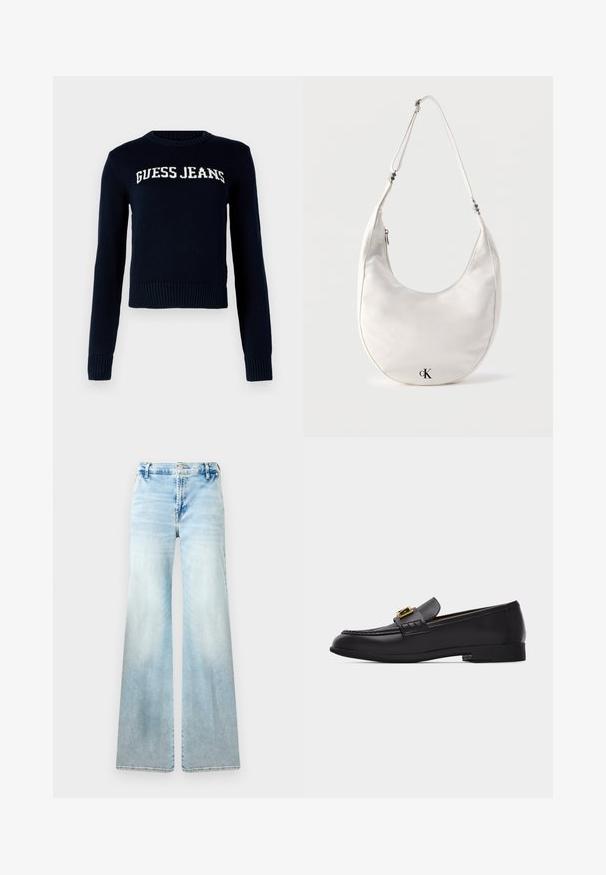 Guess Jeans INTARSIA - Jersey de punto - daring ocean; Jeans acampanados de color azul claro, confeccionados en denim. Presentan un lavado desvaído, bolsillos estándar y un cierre de botón en la cintura.; Mocasín negro de cuero con detalle de hebilla dorada y tacón bajo, mostrado de perfil sobre un fondo claro y liso.; Bolso de hombro blanco en forma de media luna con correa ajustable y logo negro "cK" cerca del centro inferior sobre fondo liso.
