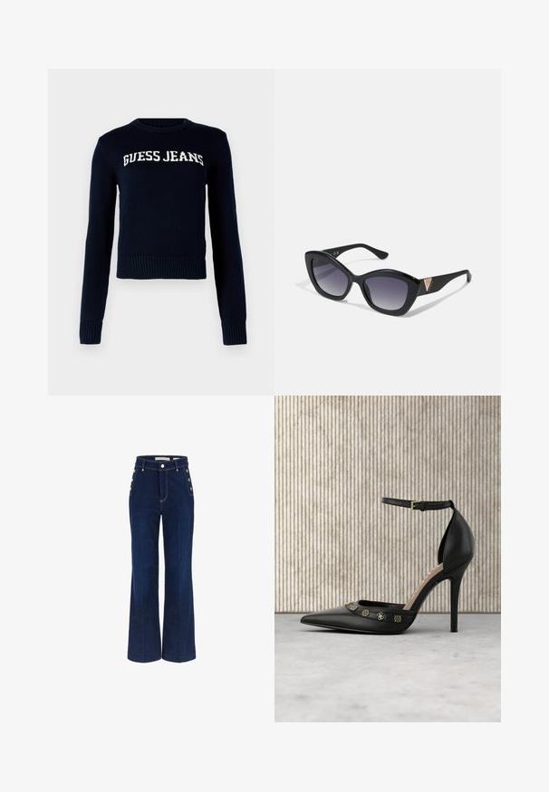 Guess Jeans INTARSIA - Striktrøje - daring ocean; Mørkeblå bredbenede jeans med høj talje, der har knapdetaljer på siderne og en glat denimtekstur.; Sort læder pumphøjhælede sko med spids tå, ankelrem og guldfarvede udsmykninger hen over overdelen. Glat tekstur.; Guess Solbriller - shiny black