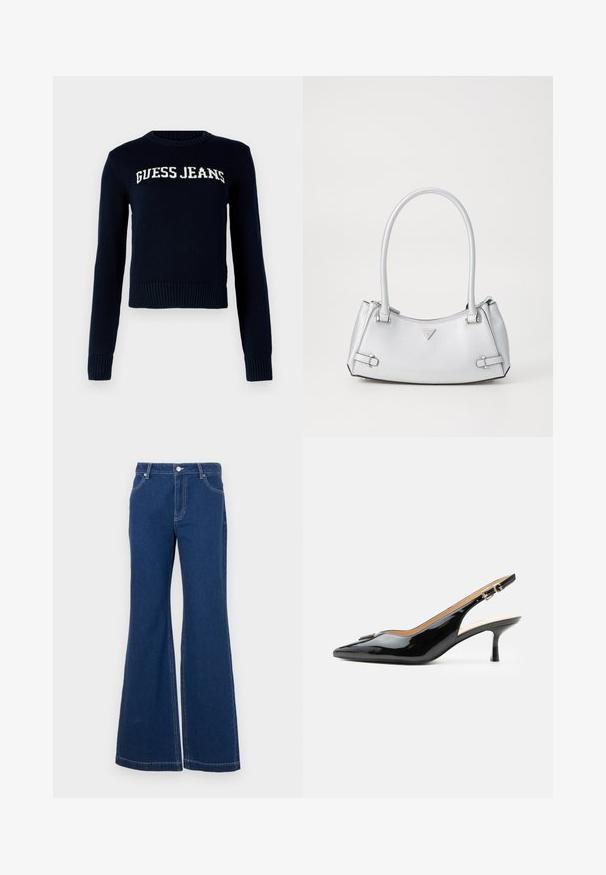 Guess Jeans INTARSIA - Jersey de punto - daring ocean; Jeans acampanados de un azul oscuro, fabricados en denim. Incluyen bucles para cinturón, bolsillos frontales y costuras en contraste. Apertura de pierna amplia.; Tacón slingback de charol negro con puntera puntiaguda, tacón pequeño tipo kitten y correa con hebilla plateada sobre un fondo blanco liso.; Bolso de mano plateado con un diseño estructurado, que cuenta con dos asas, textura brillante, herrajes de acento y un logo triangular en la parte frontal.