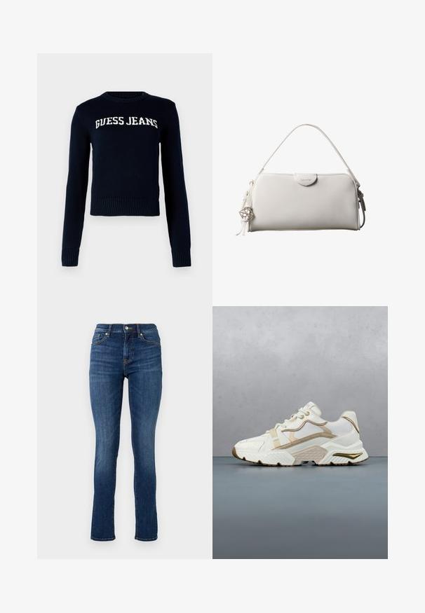 Guess Jeans INTARSIA - Πουλόβερ - daring ocean; Σκούρο μπλε στενά τζιν φτιαγμένα από denim, με κανονική μέση, εμπρός τσέπες και διακριτές ραφές.; Λευκό και μπεζ αθλητικό παπούτσι με κλείσιμο με κορδόνια, υφή στη σόλα και λεπτομέρειες σε πολλά επίπεδα, σε ουδέτερο φόντο.; Λευκή ορθογώνια τσάντα Calvin Klein με μονό χερούλι, μίνιμαλ σχεδιασμό και διακοσμητικά φουντάκια με γεωμετρικό μεταλλικό γούρι στην πλευρά.