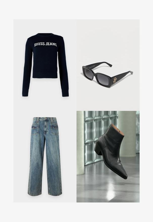 Guess Jeans INTARSIA - Trui - daring ocean; Lichtblauwe denim wijde jeans met een hoge taille, voorzien van vijf zakken, zichtbare stiksels en een licht vervaagde textuur.; Zwarte leren enkellaars met een spitse neus en blokhak die zweeft boven een reflecterende grijze vloer nabij een glazen blokmuur.; Zwarte rechthoekige zonnebril met donkere glazen en een gouden "TH"-logo op de pootjes, afgebeeld op een effen lichte achtergrond.