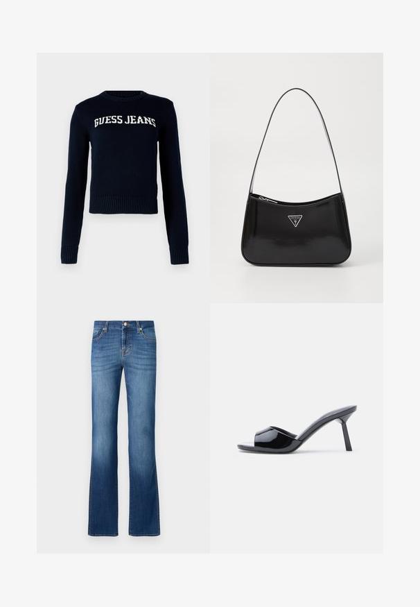 Guess Jeans INTARSIA - Striktrøje - daring ocean; Blå denim flared jeans med et klassisk fem-lomme design, der har en falmet vask, guldtråde og en knaplukning i taljen.; Sorte laklæder sandaletter med åben tå, der har et buet overdesign og en spids stilethæl. Glat, blank finish.; Sort patenteret læder skuldertaske med en buet form, prydet med et sølvfarvet trekantet logo og en lynlås-lukning. Glat tekstur og slank rem.