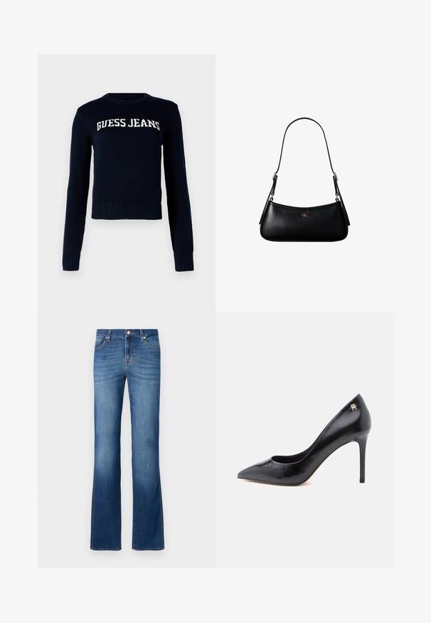 Guess Jeans INTARSIA - Πουλόβερ - daring ocean; Μπλε τζιν παντελόνι με καμπάνα, με κλασικό σχέδιο πέντε τσεπών, που διαθέτει ξεθωριασμένο φινίρισμα, χρυσές ραφές και κουμπί κλεισίματος στη μέση.; Μαύρο δερμάτινο γοβάκι με ψηλό τακούνι και μυτερή μύτη, με σχέδιο με κοψίματα και μικρό χρυσό λογότυπο στη φτέρνα.; Μαύρη μικρή δερμάτινη τσάντα ώμου με λεπτό λουρί και μικρό χρυσό λογότυπο CK στο κέντρο μπροστά.