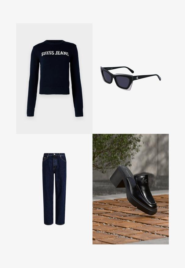 Guess Jeans INTARSIA - Striktrøje - daring ocean; Mørkeblå denim jeans med lige ben-design, der har høj talje, fem-lomme-stil og kontrastsyninger. Ingen dekorationer.; Sort læder Calvin Klein slip-on mule med blokhæl, der hviler på trætøj udendørs nær en grøn plante og en grå væg.; Store sorte oversized solbriller med geometrisk form, med mørke linser og en kontrasterende grå detalje på stellet. Logo på armen.