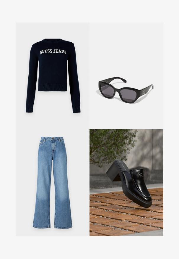 Guess Jeans INTARSIA - Strickpullover - daring ocean; Hoch taillierte blaue Jeans mit weitem Bein, vorderen Taschen, Gürtelschlaufen sowie einem Knopf- und Reißverschluss.; Schwarze Leder-Slip-on-Mule von Calvin Klein mit Blockabsatz, die auf Holzfliesen im Freien nahe einer grünen Pflanze und einer grauen Wand ruht.; Schwarze Sonnenbrille mit einem schlanken, kantigen Design, dunklen Gläsern und einem kontrastierenden silbernen Logo an der Seite. Glatte Kunststoffoberfläche.