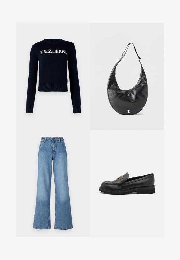Guess Jeans INTARSIA - Strickpullover - daring ocean; Hoch taillierte blaue Jeans mit weitem Bein, vorderen Taschen, Gürtelschlaufen sowie einem Knopf- und Reißverschluss.; Schwarze Lederloafers mit runder Zehenform, genähten Details, goldfarbenen Beschlägen und einer niedrigen, strukturierten Gummisohle. Glatte, elegante Oberfläche.; Schwarze, halbmondförmige Lederschultertasche mit verstellbarem Riemen und silbernem "cK"-Logo auf der Vorderseite, vor weißem Hintergrund.