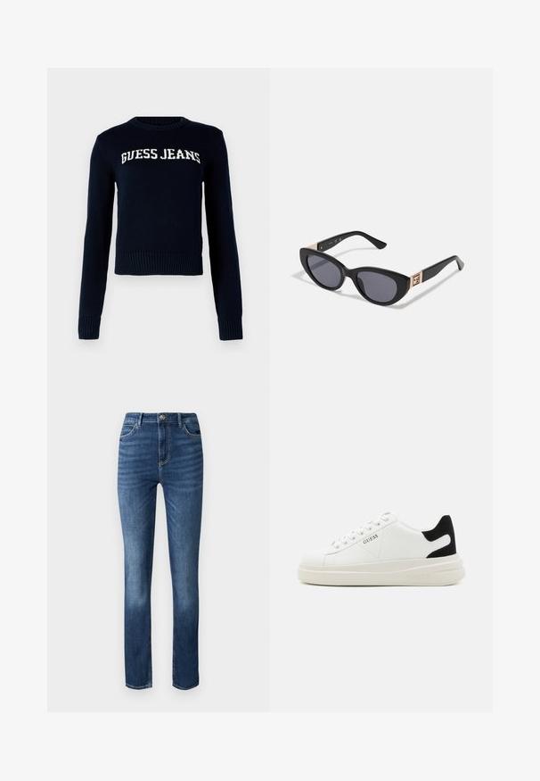 Guess Jeans INTARSIA - Jersey de punto - daring ocean; Jeans de mezclilla azul oscuro con un diseño de pierna recta, estilo de cinco bolsillos y un leve desgaste en la parte delantera para añadir textura.; Zapatillas blancas de cuero con una suela blanca gruesa, acento en el talón de ante negro y logo grabado en el lateral. Diseño de cordones con seis ojales.; Guess Gafas de sol - shiny black
