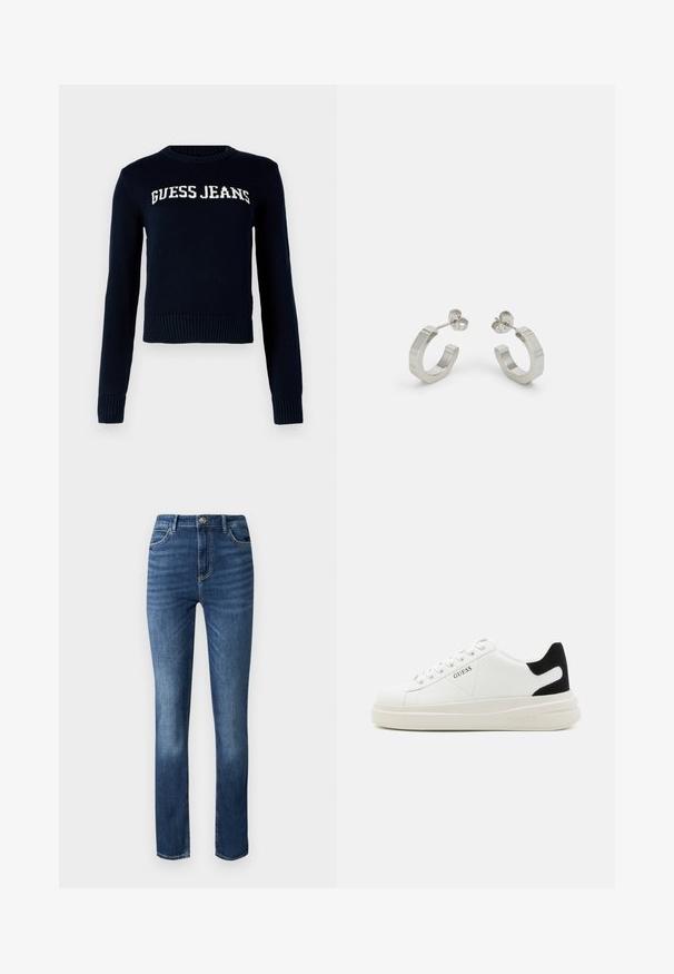 Guess Jeans INTARSIA - Džemper - daring ocean; Tumed sinine denim teksapükste sirge jalaga disain, viie tasku stiil ja peened hõõrdumised ees, et lisada tekstuuri.; Valged nahast tennisetossud paksu valge tallaga, musta sametist kontsakeeuga ja külje peal riigilogo reljeefne kujundus. Lukkeskeem kuue silmaauguga.; Hõbedased metallist rõngakõrvarõngad tekstureeritud kujundusega, millel on väike kinnituskate ja bränding ühel rõngal. Ümar kuju ja poleeritud viimistlus.