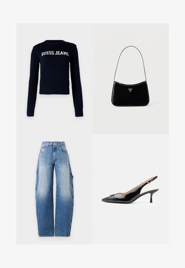 Guess Jeans INTARSIA - Džemper - daring ocean; Heledad sinine lai jalad, valmistatud denimist. Omab kõrget vööd, kerget kulumist, suuri küljetaskuid ja kontrastseid õmbluste detaile.; Mustast lakknahast slingback-kontsaga king, terava ninaga, väikese kitten-kontsa ja hõbedase pandlaga rihmaga, ühevärvilise valge taustaga.; Mustast lakknahast õlakott õhukese rihmaga, ees kolmnurkne Guessi logo ja peal lukuga sulgemine.