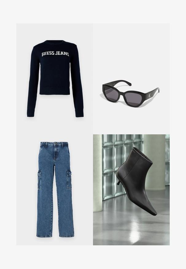 Guess Jeans INTARSIA - Jersey de punto - daring ocean; Pantalones cargo de denim azul con un ajuste relajado, que cuentan con dos bolsillos laterales, costuras reforzadas y un diseño de pierna recta.; Bota de cuero negro para el tobillo con puntera puntiaguda y tacón pequeño, exhibida frente a una pared de bloques de vidrio y un suelo pulido.; Gafas de sol negras con un diseño elegante y angular, lentes oscuros y un logo plateado en contraste en el lateral. Textura de plástico suave.