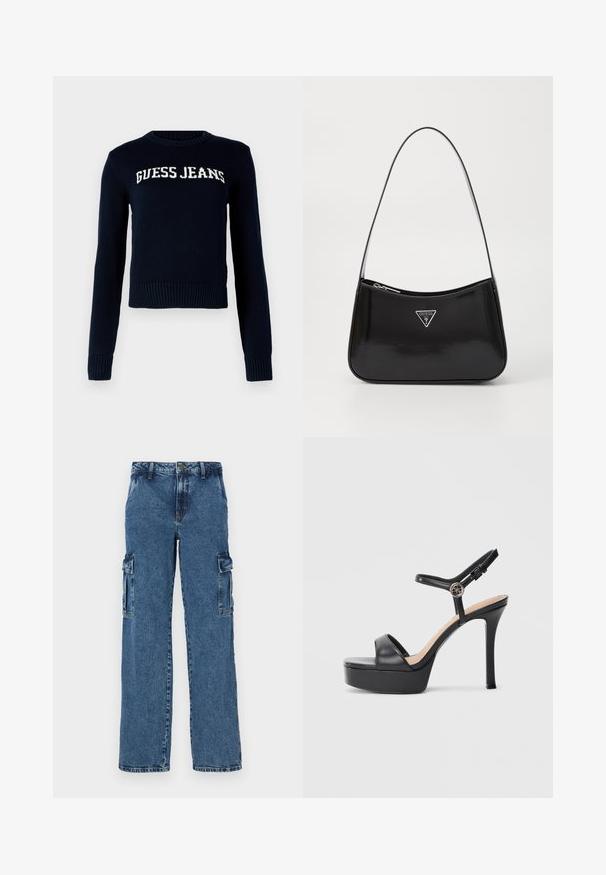 Guess Jeans INTARSIA - Džemper - daring ocean; Sinine denimist cargo püksid lõdva istumisega, millel on kaks küljetaskut, tugevdatud õmblused ja sirge jala disain.; Mustad platvormsandaalid kõrge kontsaga, millel on sile nahast pealmine osa, avatud varbaga disain ja reguleeritav pahkluu rihm metalldetailidega.; Must küllastatud nahast õlakott, millel on kumer kuju, hõbedase kolmnurkse logo ja tõmblukuga sulgemine. Sile tekstuur ja õhuke rihm.
