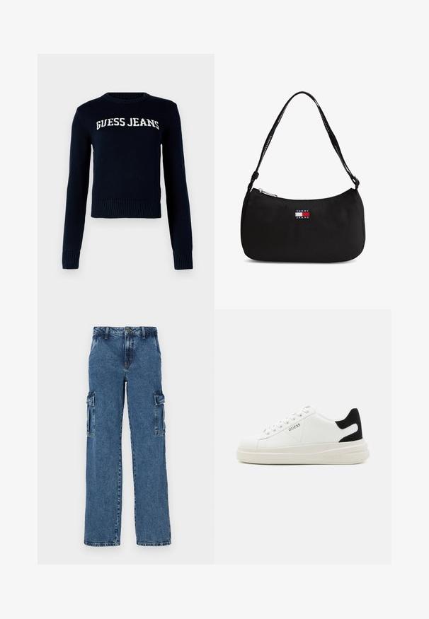 Guess Jeans INTARSIA - Πουλόβερ - daring ocean; Μπλε τζιν cargo παντελόνι με χαλαρή εφαρμογή, που διαθέτει δύο πλαϊνές τσέπες, ενισχυμένη ραφή και σχέδιο ίσιας ποδός.; Λευκά δερμάτινα αθλητικά παπούτσια με χοντρή λευκή σόλα, μαύρη σουέτ λεπτομέρεια στην φτέρνα και ανάγλυφο λογότυπο στο πλάι. Σχέδιο με κορδόνια και έξι θηλιές.; Μικρή μαύρη τσάντα ώμου με καμπυλωτό επάνω φερμουάρ και λογότυπο "Tommy Jeans" μπροστά, με μαύρο λουρί με λευκό κείμενο.