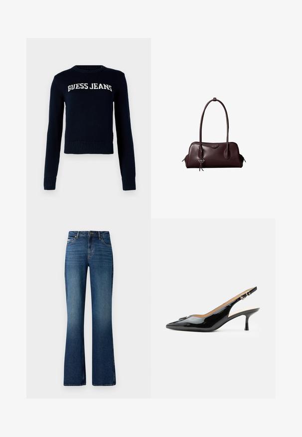 Guess Jeans INTARSIA - Strickpullover - daring ocean; Schlagjeans in einer mittelblauen Waschung, mit einem klassischen Fünf-Taschen-Design, Knopfverschluss und einer leicht verwaschenen Textur.; Schwarzer Pumps mit Riemchen aus Lackleder, spitz zulaufender Zehenpartie, kleinem Kitten-Heel und silberner Schnalle auf weißem Hintergrund.; Dunkelbraune Lederhandtasche von Calvin Klein mit langen doppelten Griffen und einem kleinen Logoanhänger, der an einem Griff hängt.