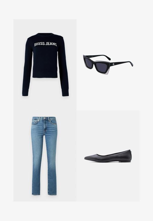 Guess Jeans INTARSIA - Neule - daring ocean; Siniset farkut, joissa on muotoiltu malli, suorat lahkeet ja lievää haalistumista. Ominaisuuksiin kuuluu viisi taskua sekä vetoketjukiinnitys nappilukolla.; Musta kärjestään terävä, matalakorkoinen nahkainen tasapohjakenkä, esitetty sivuprofiilissa valkoista taustaa vasten.; Mustat ylisuuret aurinkolasit, joissa on geometrinen muoto, tummat linssit ja kehykseen erottuva harmaa yksityiskohta. Logo varressa.