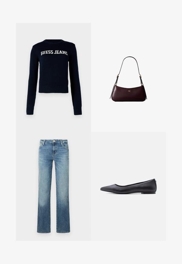 Guess Jeans INTARSIA - Pullover - daring ocean; Jean droit bleu clair en denim, avec un design à cinq poches et fermeture par bouton, présentant un léger délavage.; Chaussure plate en cuir noire à bout pointu avec petit talon, vue de profil sur fond blanc.; Sac à main en cuir bordeaux foncé avec une fine sangle d'épaule noire et un petit logo doré "cK" au centre devant.