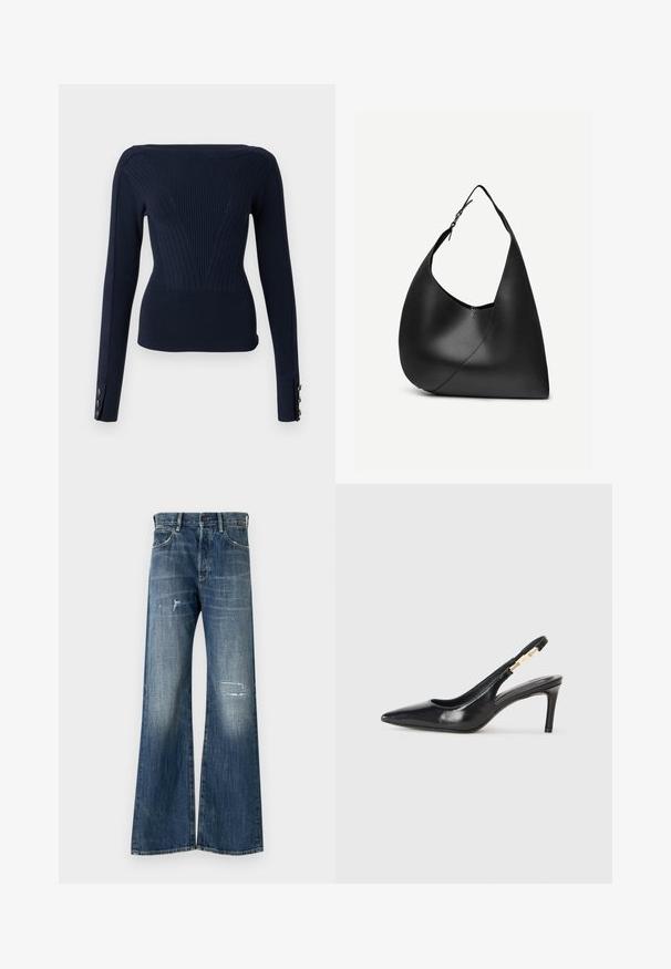 Marineblå ribbet sweater med lange ærmer, der har et tætsiddende design og tre knapdetaljer på hver manchet. Struktureret strikstof.; Bredde ben denim jeans i mørkeblå, med et distressed design med revnede lapper og subtilt falmende. Klassisk fem-lomme stil.; Sort læder slingback højhælede sko med spidse tæer, glat overflade og en smal ankelrem med guldfarvede hardware detaljer.; Sort læder skuldertaske med buet trekantet form, enkelt justerbart rem og synlig diagonal søm foran.