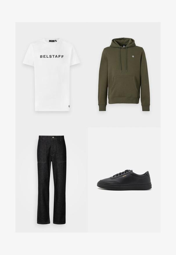 Sudadera con capucha verde oliva hecha de una suave mezcla de algodón. Cuenta con un bolsillo tipo canguro en la parte frontal y puños de canalé, con un pequeño logo en el pecho.; Camiseta de algodón blanca con un logo negro "BELSTAFF" en el frente. Cuello redondo clásico y mangas cortas con un pequeño detalle del logo en el dobladillo.; Pantalones de mezclilla negros con corte recto, costuras visibles y cierre frontal con botón. Incluye dos bolsillos laterales y dos bolsillos traseros.; Zapatillas de cuero negro con una textura suave, punta redondeada, suela plana de goma y cordones a tono. Presentan el logotipo dorado "BOSS" en el lateral.