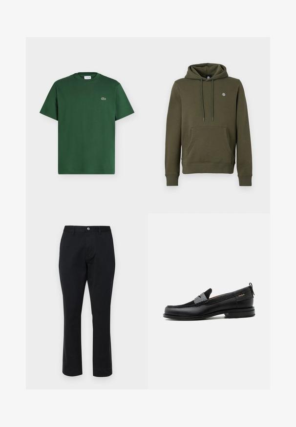 Sudadera con capucha verde oliva hecha de una suave mezcla de algodón. Cuenta con un bolsillo tipo canguro en la parte frontal y puños de canalé, con un pequeño logo en el pecho.; Camiseta de algodón de manga corta en verde oscuro con cuello redondo y pequeño logo del cocodrilo de Lacoste en el pecho izquierdo.; Pantalones de algodón negros de corte recto. Cuentan con un cierre de botón y bolsillos laterales. Textura suave sin patrones visibles.; Mocasín de cuero negro con detalle de tira gris, tacón bajo y suela texturizada, con la marca "HUGO" en oro en el lateral.