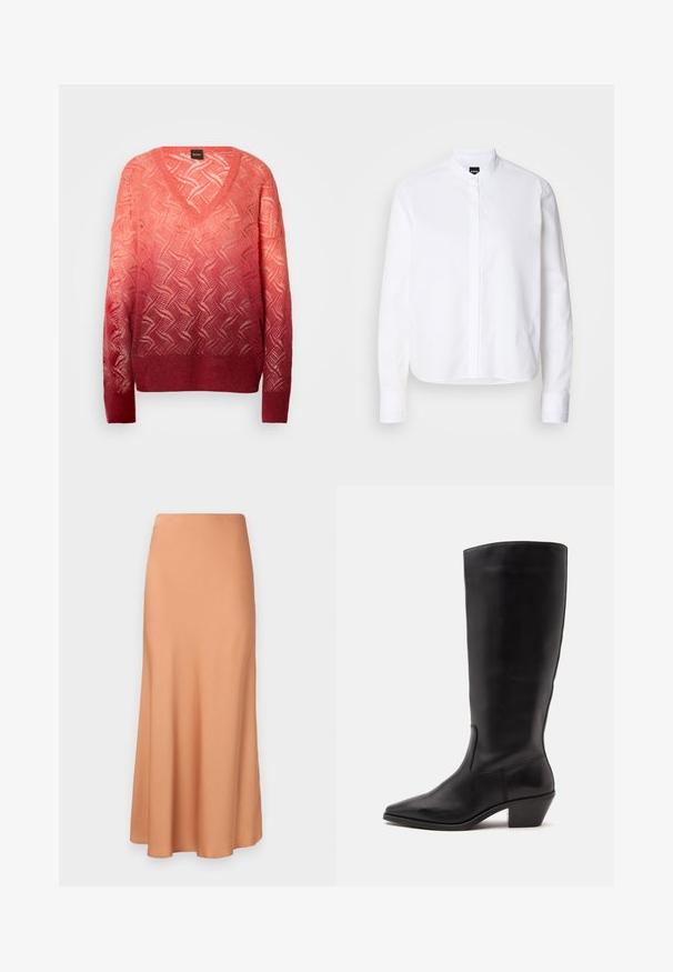 Pull en tricot gradient rose avec un col en V, présentant un motif géométrique, des manches longues et une finition texturée à l'ourlet et aux poignets.; Chemise blanche à col avec patte de boutonnage à l'avant, manches longues et poignets à boutons. Fabriquée en coton lisse avec une coupe structurée.; Jupe longue évasée en tissu doux pêche. Dotée d'une ceinture lisse, elle tombe doucement vers un ourlet effilé. Pas de motifs ni d'accents visibles.; Botte en cuir noire mi-mollet avec un bout pointu et un talon bas incliné sur un fond clair uni.