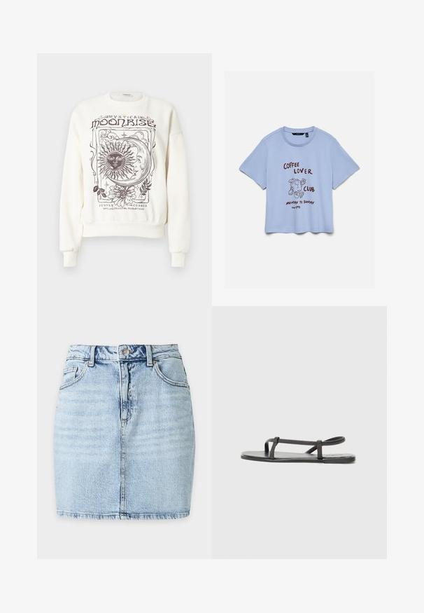 Cremeweißes Sweatshirt mit himmlischen Motiven, darunter Sonne, Mond und florale Details, mit gerippten Bündchen und Saum.; Hellblaues T-Shirt mit kurzen Ärmeln, einem Cartoon-Kaffeebecher und dem Text "Coffee Lover Club Monday to Sunday 11am - Late" auf der Vorderseite.; Hellblauer Jeans-Minirock mit Frontknopf, Gürtelschlaufen, zwei Vordertaschen und sichtbarer vertikaler Naht in der Mitte.; Schwarze flache Sandalen mit dünnen, strukturierten Riemen und einem minimalistischen Design. Die Sohle ist glatt und die gesamte Form ist schlank und zurückhaltend.