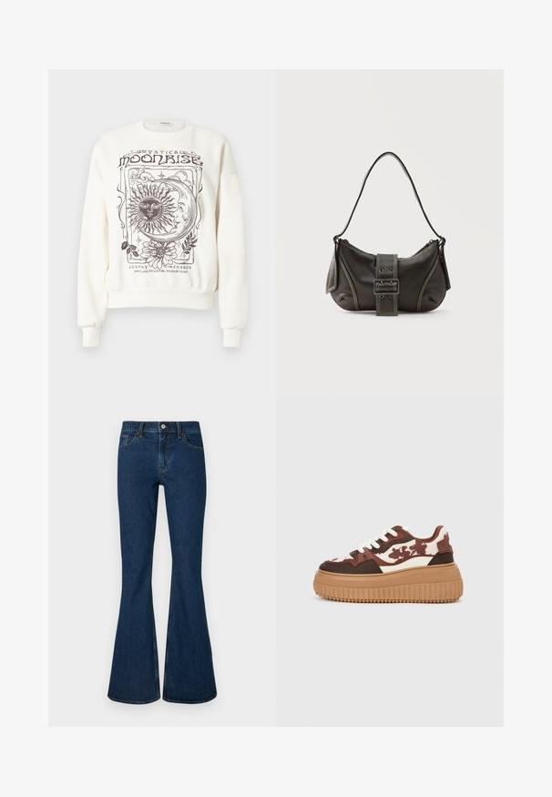 Off-white sweatshirt med himmelske motiver, herunder en sol, måne og blomsterdetaljer, med ribbede manchetter og kant.; Mørkeblå denim jeans med vidde forneden, tætsiddende talje, knaplukning, fem lommer og kontrastfarvet syning langs sømmene.; Platform sneakers med et brunt og cremefarvet camouflage-mønster, kontrasterende lysebrune såler og hvide snørebånd. Overdelen har blandede materialer og teksturer.; Sort læder skuldertaske med spænde på remmen, afrundede kanter og kontrasterende hvide syninger på en ensfarvet baggrund.