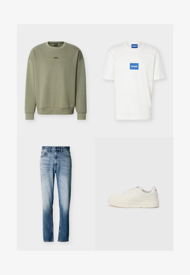 Sudadera verde oliva de cuello redondo con mangas largas y logo "BOSS" centrado en el pecho.; Camiseta blanca de manga corta con cuello redondo y un logo rectangular azul con la palabra "HUGO" centrado en el pecho y en el interior del cuello.; Vaqueros azules desgastados de pierna recta con cinco bolsillos, cierre de botón y trabillas para cinturón, mostrados extendidos sobre un fondo blanco.; Zapatillas blancas con un upper de cuero liso, puntera redonda, cordones planos y una suela de goma texturizada. Un detalle rojo se encuentra en el talón.