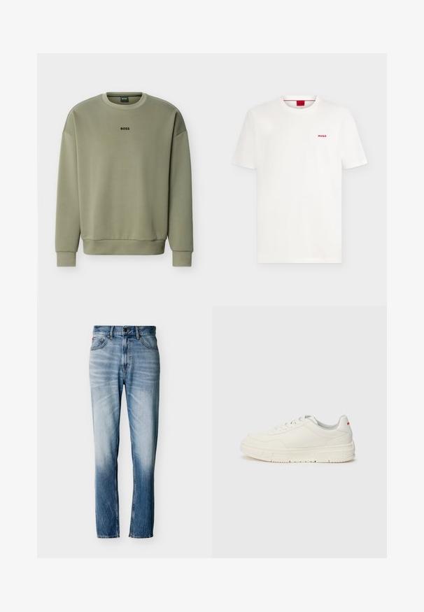 Olivengroene crewneck-trui met lange mouwen en het "BOSS"-logo gecentreerd op de borst.; Effen wit T-shirt met korte mouwen en ronde hals, met een klein rood "HUGO"-logo op de linkerborst en een rood label in de kraag.; Verbleekte blauwe jeans met rechte pijpen, vijf zakken, knoopsluiting en riemlussen, plat uitgestald op een witte achtergrond.; Witte sneakers met een glad leren bovenwerk, ronde neus, platte veters en een gestructureerde rubberen zool. Een rode accent op de hiel.