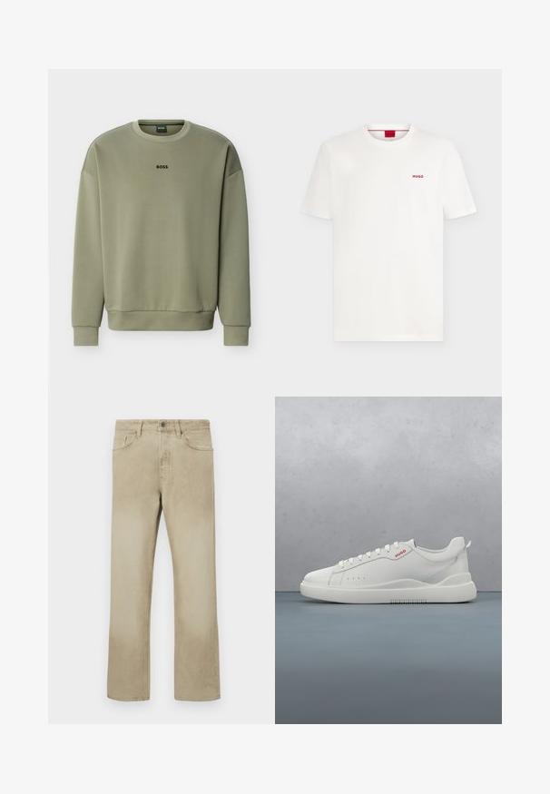 Olivengroene crewneck-trui met lange mouwen en het "BOSS"-logo gecentreerd op de borst.; Effen wit T-shirt met korte mouwen en ronde hals, met een klein rood "HUGO"-logo op de linkerborst en een rood label in de kraag.; Beige katoenen broek met een rechte pijp, voorzien van voorzakken en een klassieke knoopsluiting. Soepele textuur met subtiele vervaging.; Witte sneaker met een gladde leren afwerking, ronde neus, vier veterogen, subtiele perforaties en een rood logo detail aan de zijkant.
