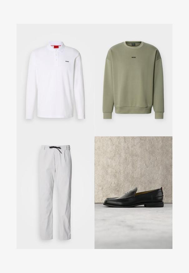 Olivengrøn crewneck-sweatshirt med lange ærmer og "BOSS"-logo centreret på brystet.; Hvid langærmet polo-skjorte lavet af bomuld med krave, tre-knaps stolpe og sort "HUGO" logo på venstre bryst.; Bukser i bomuldsblanding med konisk pasform i lysegrå med snøre i taljen. Har frontplooier og sidelommer for funktionalitet.; Sort læder herreloafer med krokodillepræget forstykke og lav hæl, vist i profil på en neutral baggrund.