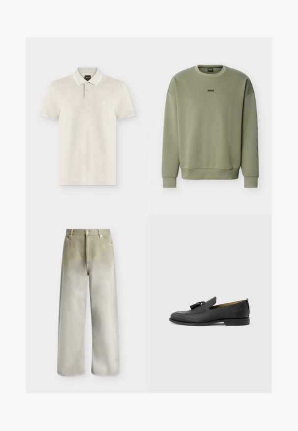 Sweat-shirt à col rond vert olive avec manches longues et logo "BOSS" centré sur la poitrine.; Polo beige clair à manches courtes avec deux boutons, une bordure blanche sur le col et un petit logo carré sur la poitrine.; Jean beige et gris clair à jambes larges, avec poches avant, passants de ceinture et fermeture par bouton.; Mocassin pour homme en cuir noir avec pompons, bout arrondi, petit talon et languette à l'arrière, présenté de profil sur un fond gris clair.