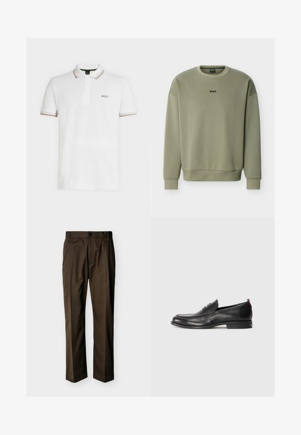 Sweat-shirt à col rond vert olive avec manches longues et logo "BOSS" centré sur la poitrine.; Polo blanc à manches courtes avec col et manches bordés de beige, patte de boutonnage à trois boutons, et petit logo « BOSS » sur la poitrine.; Pantalon marron droit avec fermeture à bouton et fermeture éclair, passants de ceinture et détails de plis à l'avant, présenté sur un fond uni.; Mocassins en cuir noir avec un bout arrondi, des détails cousus et un petit accent rouge au niveau du talon. Semelle en caoutchouc à profil bas.