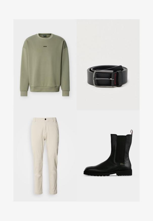 Olivengrøn crewneck-sweatshirt med lange ærmer og "BOSS"-logo centreret på brystet.; Beige chinos med lige ben, lavet af blødt bomuldsstof, med lynlås og en enkelt sort knaplukning.; Sort læderankelstøvle med elastisk sidepanel, chunky sål og trækflig bagpå, med et lille guld "Hugo" logo nær hælen.; Sort læderbælte med sølvspænde og røde syninger, rullet sammen på en ensartet lys baggrund.