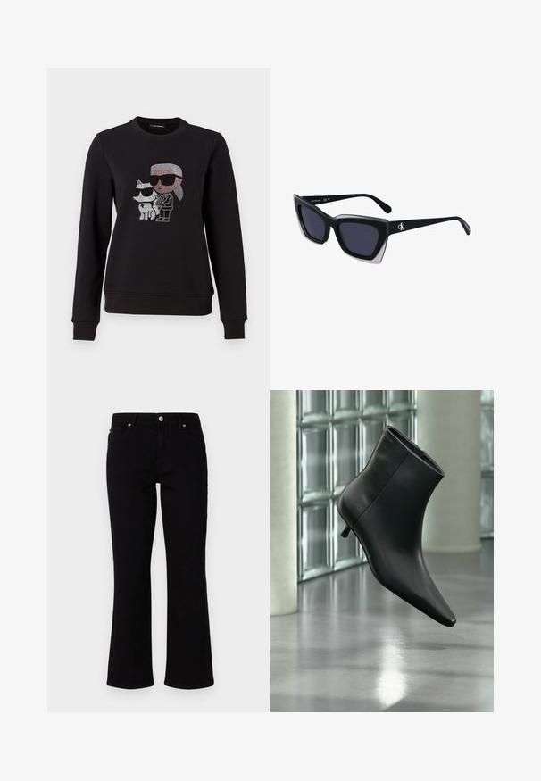 Sort sweatshirt med et rhinestone grafik af en karakter og en kat, begge iført solbriller. Klassisk crew neck, ribbede manchetter og kant.; Sorte denim flared jeans med mid-rise talje, to forlommer og en enkelt baglomme. Med guldtonet knap og lynlås.; Sort læderankelstøvle med spids tå og lav kitten-hæ, vist vinklet mod en poleret gulv- og glasblokvæg.; Store sorte oversized solbriller med geometrisk form, med mørke linser og en kontrasterende grå detalje på stellet. Logo på armen.