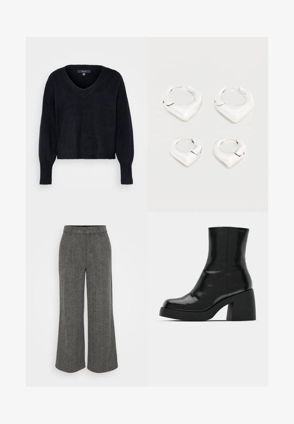 Suéter negro de punto con escote en V, mangas largas y corte relajado. Textura suave con puños y dobladillo acanalados.; Pantalones de pierna ancha en espiga gris con una cintura ajustada, que presentan un frente plisado y una tela suave y texturada.; Botas de tobillo negras con un acabado brillante, punta cuadrada y un tacón grueso en bloque. El diseño presenta una silueta sin costuras y un minimalismo en la marca.; Dos pares de pendientes de aro plateados y brillantes con un diseño distintivo en forma de V puntiaguda, exhibidos sobre un fondo blanco.