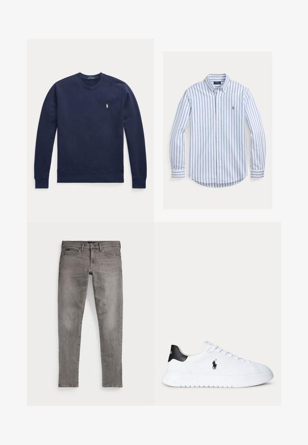 Marineblauwe sweatshirt van zacht materiaal, met een ronde hals, lange mouwen en een klein wit logo op de borst. Eenvoudig ontwerp.; Overhemd met lange mouwen en knopen, blauw-witte verticale strepen en klein geborduurd logo op de linkerborst.; Grijze spijkerbroek, slim fit, met rechte pijpen. Kenmerken klassieke vijf-pocketontwerp, stikdetails en een licht vervaagde textuur.; Witte lage sneaker met zwarte hieltab en zwart Polo Ralph Lauren-logo aan de zijkant, met witte veters en een dikke witte zool.