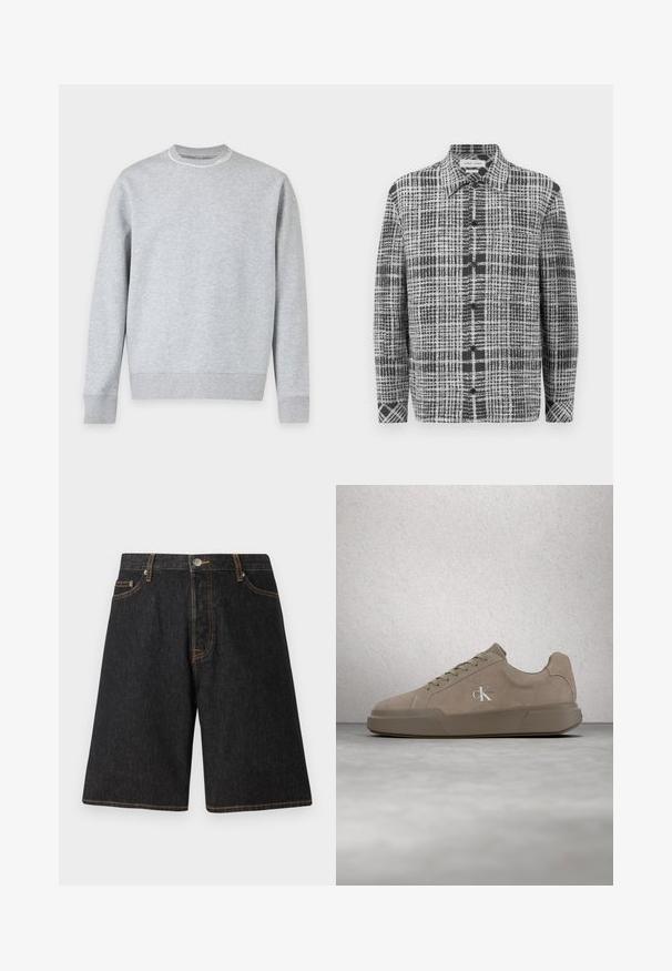 Sweat-shirt gris clair col rond avec manches longues et poignets et bas côtelés, présenté sur fond blanc.; Chemise à carreaux gris et noir avec un devant à boutons, un col pointu et des manches longues en tissu texturé avec des motifs de grille variés.; Shorts en denim noir avec une coupe droite, présentant des coutures orange, cinq poches et une fermeture à bouton en métal à la taille.; Baskets en daim beige avec lacets et logo "ck", présentées en suspension au-dessus d'un sol en béton poli avec un mur en blocs de verre en arrière-plan.
