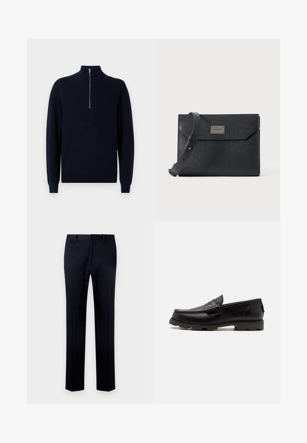 Pull-over en tricot marine avec un col montant et une fermeture éclair quart de zip. Texture côtelée sur les manches et le corps, offrant une coupe décontractée et un ourlet standard.; Pantalon noir en tissu lisse, doté d'une coupe droite, d'une taille avec passants pour ceinture et d'une fermeture éclair à l'avant.; Mocassins en cuir noir avec un bout arrondi, des coutures décoratives et une semelle texturée pour une meilleure adhérence. Talon légèrement surélevé.; Sac bandoulière en cuir noir texturé avec sangle réglable et plaque logo métallique à l'avant, fermeture à rabat rectangulaire de style enveloppe.