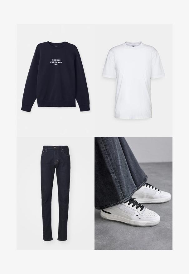 Sudadera azul marino con mangas largas, cuello redondo y puños de canalé. Presenta el logo en blanco "ARMANI EXCHANGE 1991" impreso en la parte frontal.; Camiseta de algodón blanca con cuello redondo, mangas cortas y dobladillo recto. Cuenta con una pequeña etiqueta de la marca en la costura lateral izquierda.; Jeans de denim azul oscuro con un corte slim, diseño de cinco bolsillos y cierre de botón. Presenta costuras en contraste y un corte de pierna recta.; Zapatillas blancas con cordones negros y detalles de malla. Presenta un upper de cuero liso y una suela de goma texturizada. Combinadas con unos vaqueros de pierna ancha en gris.