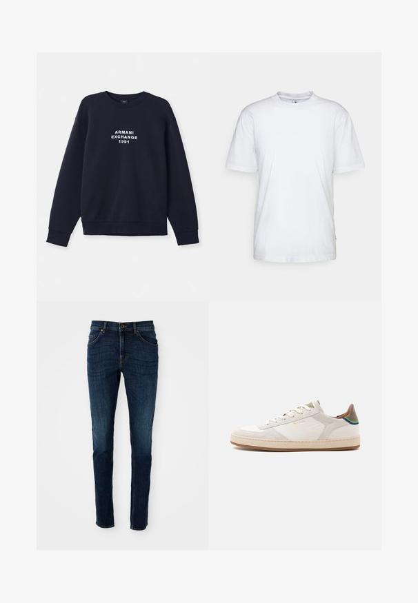 Marineblå sweatshirt med lange ærmer, rund hals og ribbede manchetter. Har hvidt "ARMANI EXCHANGE 1991" logo trykt på forsiden.; Hvid bomulds t-shirt med rund hals, korte ærmer og lige kant. Har et lille mærke på den venstre sidesøm.; Mørkeblå denim jeans med slim fit, struktureret design, fem-lommes stil og let falmning langs benene og sømmene.; Hvid lavtop sneakers med beige sål, snørelukning foran, grøn og blå detalje på hælen og subtilt guld "Paul Smith" logo på siden.