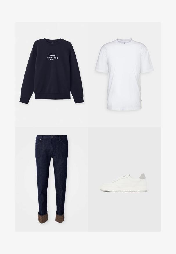 Námornícky modrá mikina s dlhým rukávom, okrúhlym výstrihom a rebrovanými manžetami. Na prednej strane sa nachádza biely potlač "ARMANI EXCHANGE 1991".; Biela bavlnená tričko s okrúhlym výstrihom, krátkymi rukávmi a rovnými okrajmi. Obsahuje malú značku na bočnom šve na ľavej strane.; Tmavomodré denimové nohavice so sviežim strihom, s rolovanými manžetami z textúrovaného hnedého materiálu s logom. Štandardný dizajn s piatimi vreckami.; Biela nízka teniska so sivým pätovým pásikom, bielymi šnúrkami a členitou podrážkou, zobrazená na jednoduchom svetlom pozadí.