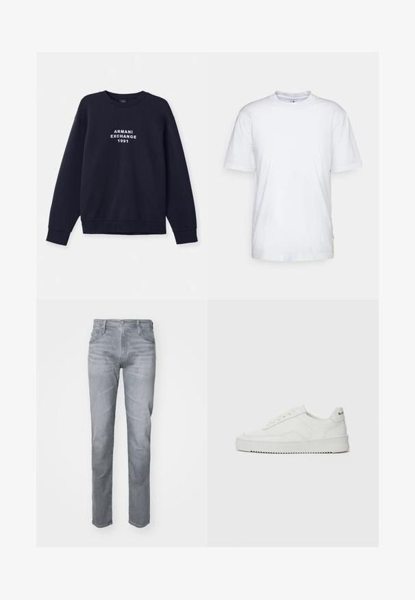 Námornícky modrá mikina s dlhým rukávom, okrúhlym výstrihom a rebrovanými manžetami. Na prednej strane sa nachádza biely potlač "ARMANI EXCHANGE 1991".; Biela bavlnená tričko s okrúhlym výstrihom, krátkymi rukávmi a rovnými okrajmi. Obsahuje malú značku na bočnom šve na ľavej strane.; Šedé džíny z denimu s rovnými strihom, päť vreckami, pútkami na opasok a predným zapínaním na gombík. Jemné blednutie pre textúru.; Biele kožené tenisky s hladkým povrchom, okrúly špičkový dizajn, ploché šnúrky a textúrovaná podrážka. Obsahujú jemné logo na päte.