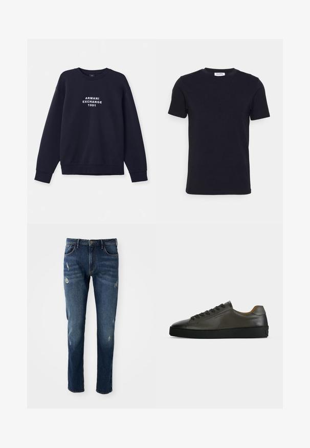 Navyblauwe sweatshirt met lange mouwen, ronde hals en ribgebreide manchetten. Voorzien van wit "ARMANI EXCHANGE 1991" logo gedrukt op de voorkant.; Zwart T-shirt met korte mouwen en ronde hals, met een klein wit label aan de binnenkant van de halslijn.; Donkerblauwe denim jeans met slim fit, lichte slijtage op de dijen en knieën, klassiek vijf-pocket ontwerp en knoopsluiting.; Donkergrijze leren lage sneaker met zwarte veters en zool, minimalistisch ontwerp, zijaanzicht op een effen lichte achtergrond.