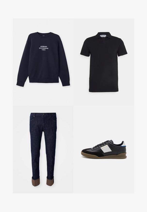 Námornícky modrá mikina s dlhým rukávom, okrúhlym výstrihom a rebrovanými manžetami. Na prednej strane sa nachádza biely potlač "ARMANI EXCHANGE 1991".; Čierna polokošeľa s krátkym rukávom a klasickým golierom, vyrobená z hladkej tkaniny. Obsahuje štítok s názvom značky 'Filippa K' na výstrihu.; Tmavomodré denimové nohavice so sviežim strihom, s rolovanými manžetami z textúrovaného hnedého materiálu s logom. Štandardný dizajn s piatimi vreckami.; Čierne kožené a semišové tenisky s šedým panelom, hnedou gumovou podrážkou a modrým akcentom na päte. Obsahujú šnúrky a embosované logo.
