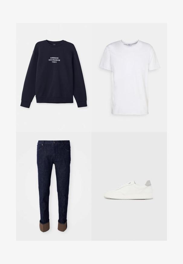 Námornícky modrá mikina s dlhým rukávom, okrúhlym výstrihom a rebrovanými manžetami. Na prednej strane sa nachádza biely potlač "ARMANI EXCHANGE 1991".; Biely krátky rukáv tričko vyrobené z bavlny. Má okrúhly výstrih a voľný strih bez viditeľných vzorov alebo akcentov.; Tmavomodré denimové nohavice so sviežim strihom, s rolovanými manžetami z textúrovaného hnedého materiálu s logom. Štandardný dizajn s piatimi vreckami.; Biela nízka teniska so sivým pätovým pásikom, bielymi šnúrkami a členitou podrážkou, zobrazená na jednoduchom svetlom pozadí.